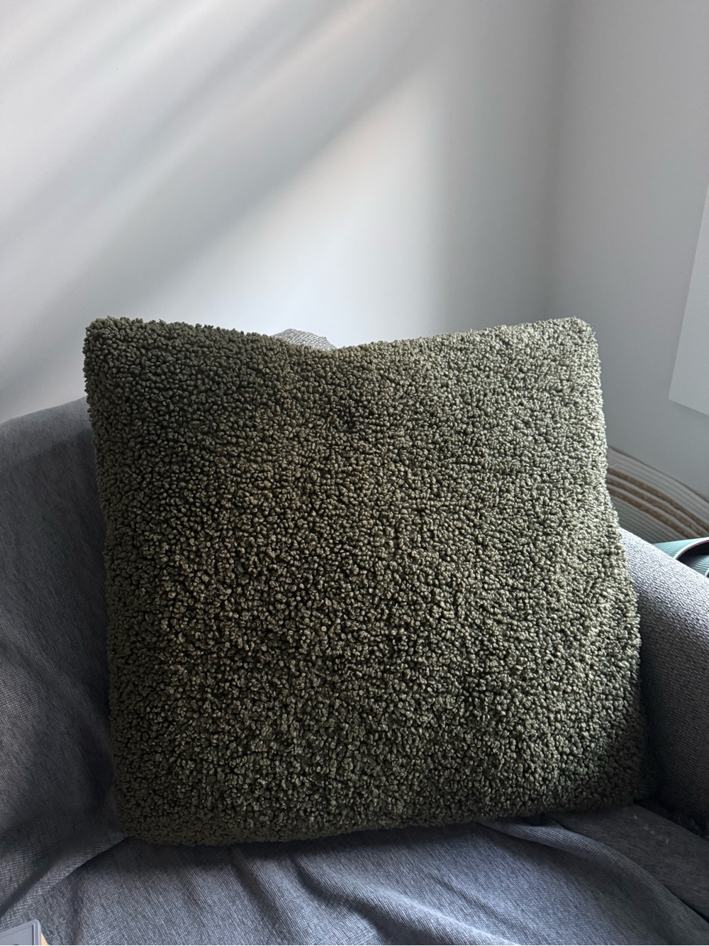22”x22” Soft Olive Green Bouclé Throw Pillow Cover | Cozy Modern Decor